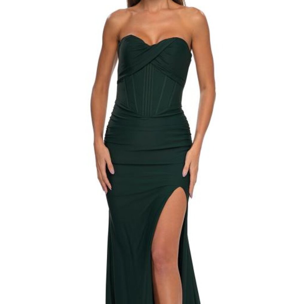 La Femme Emerald Green Strapless Corset Prom Gown with High Slit